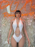 White halter bodysuit with deep V neckline and draped front