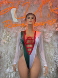 Long-sleeve bodysuit with red lace-up V front and dark green panel