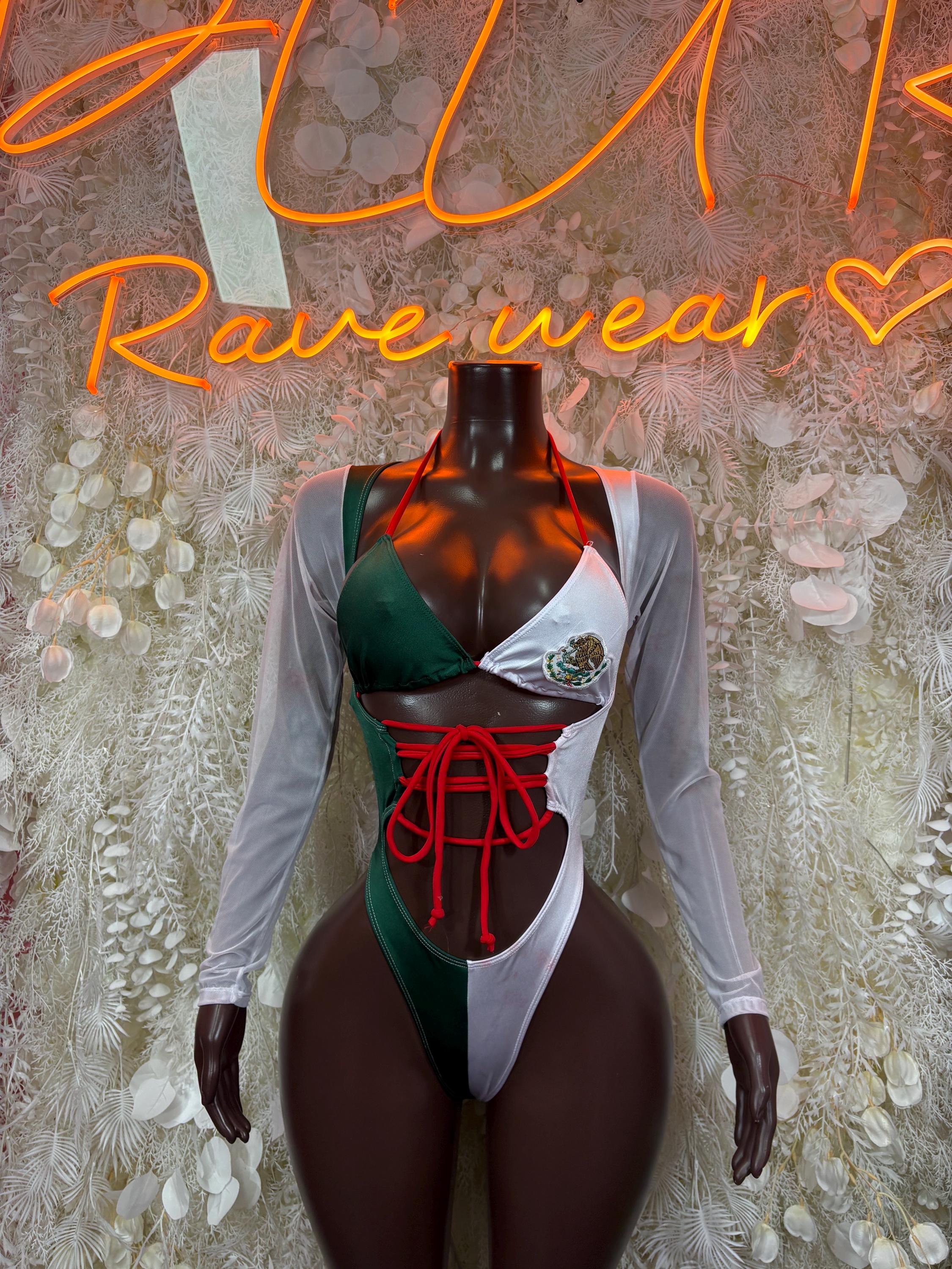 Women’s tie-dye bodysuit with long white sleeves, green and red lace-up front