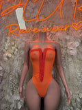 Orange mesh one-piece bodysuit with V-neck and lace-up front