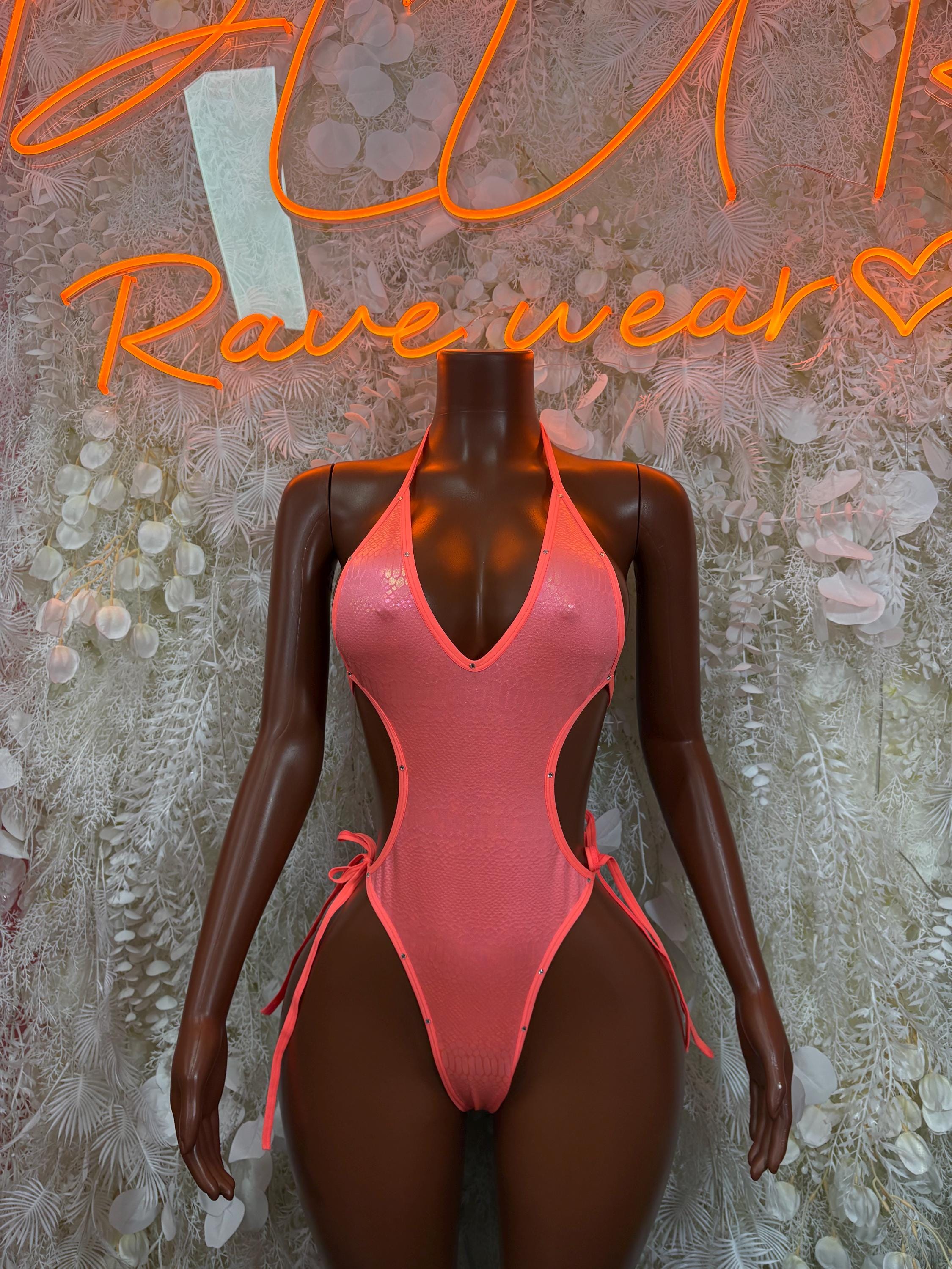 Coral one-piece bodysuit with V-neck and side tie strings, festival dancewear