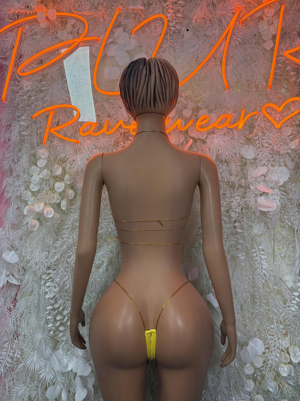 Back view yellow-green ruffle bikini with strappy back and triangle bottoms