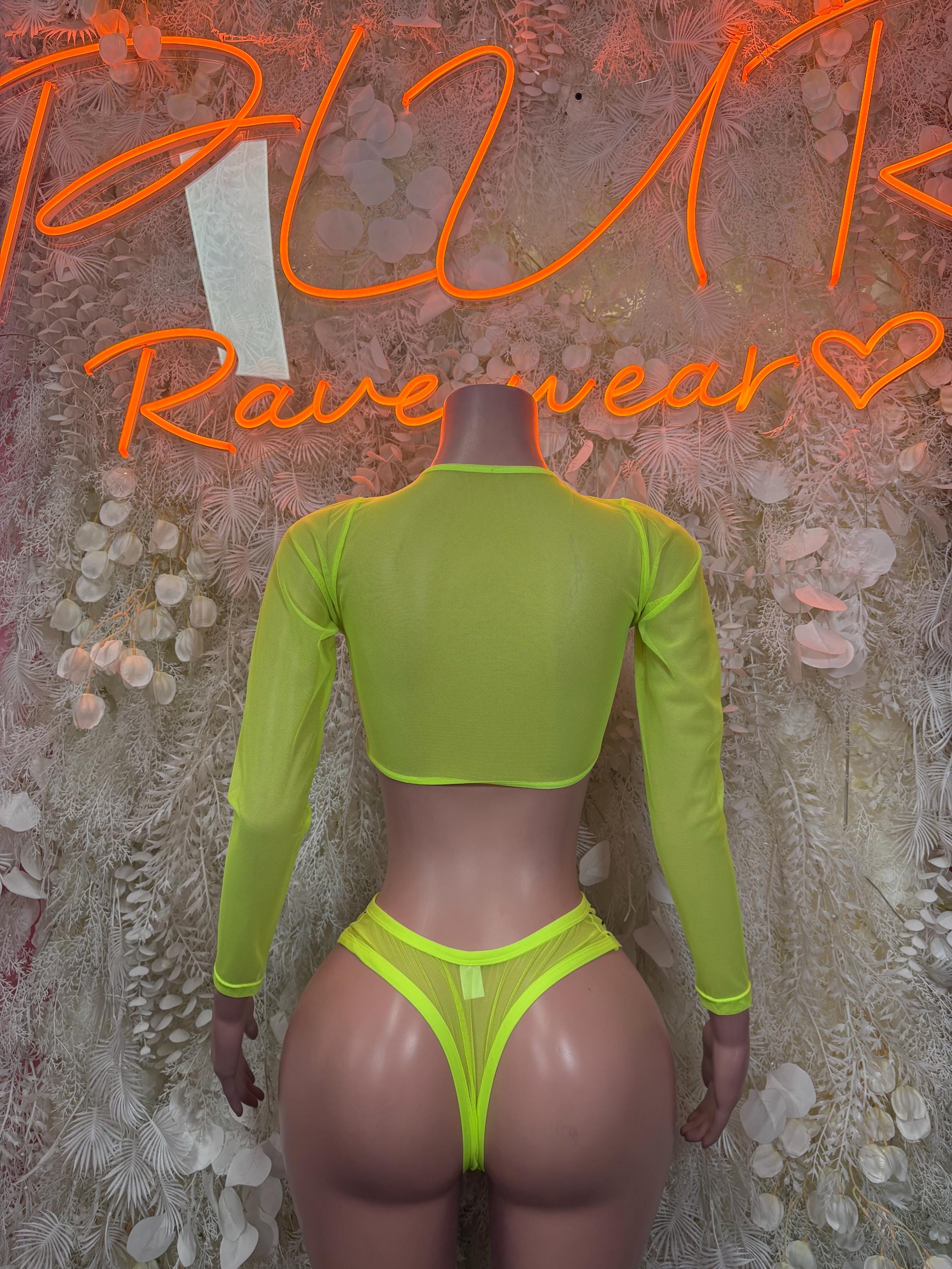 Neon lime green two-piece rave outfit, back view: cropped long-sleeve top and thong.
