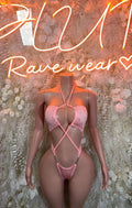 Pink rhinestone bodysuit with strappy crisscross front and thong back