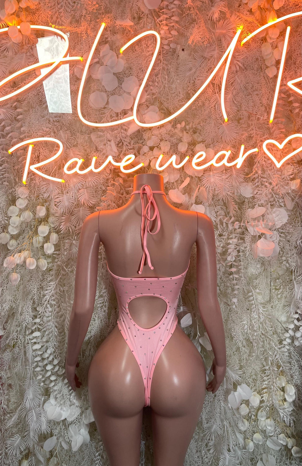 Pink rhinestone bodysuit, open back with ribbon tie and high-cut bottom