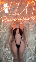 Black one-piece dancewear bodysuit with halter straps and slingshot cutout