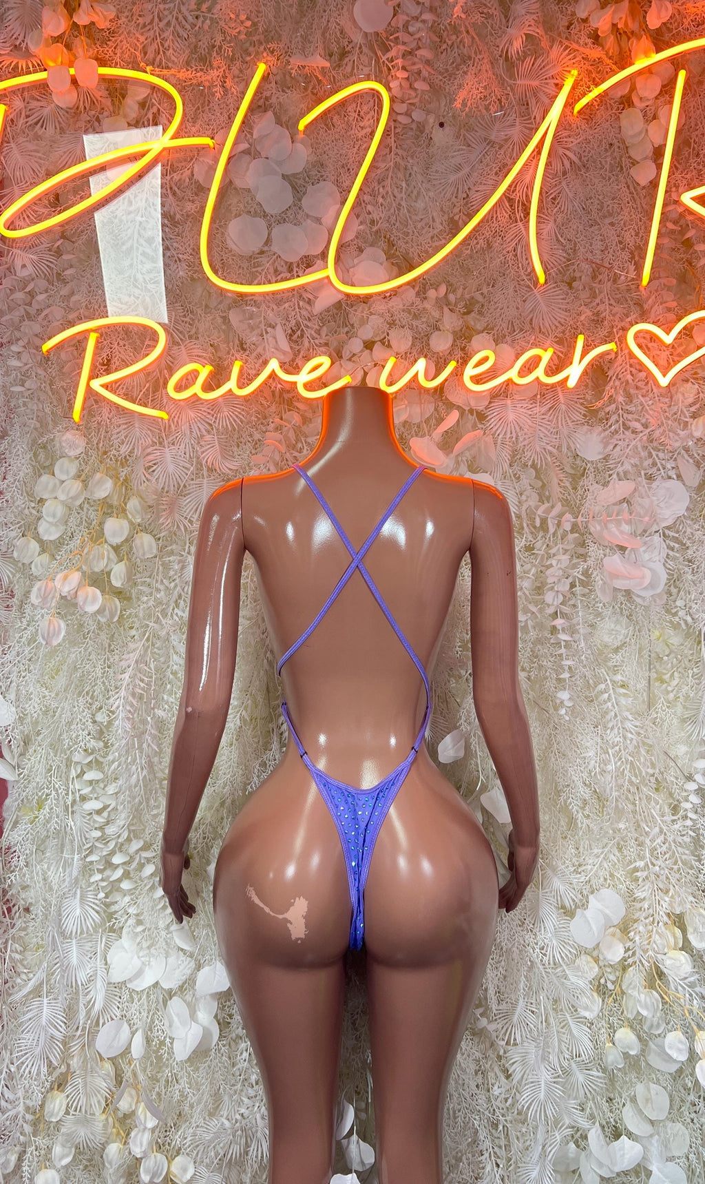 Rhinestone one-piece bodysuit back, deep purple with crisscross straps and V back