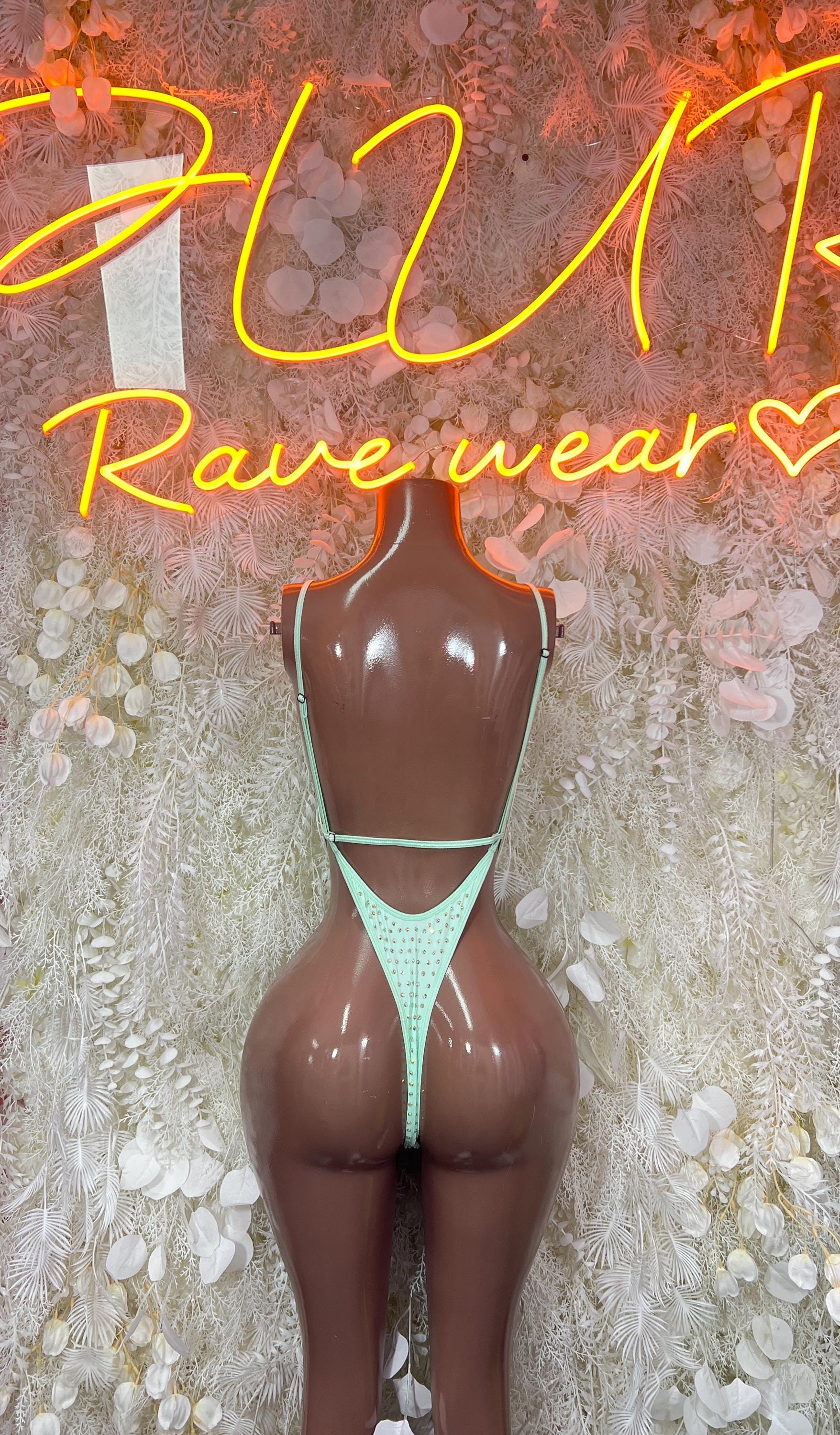 Teal rhinestone one-piece bodysuit with V neckline and thin side straps