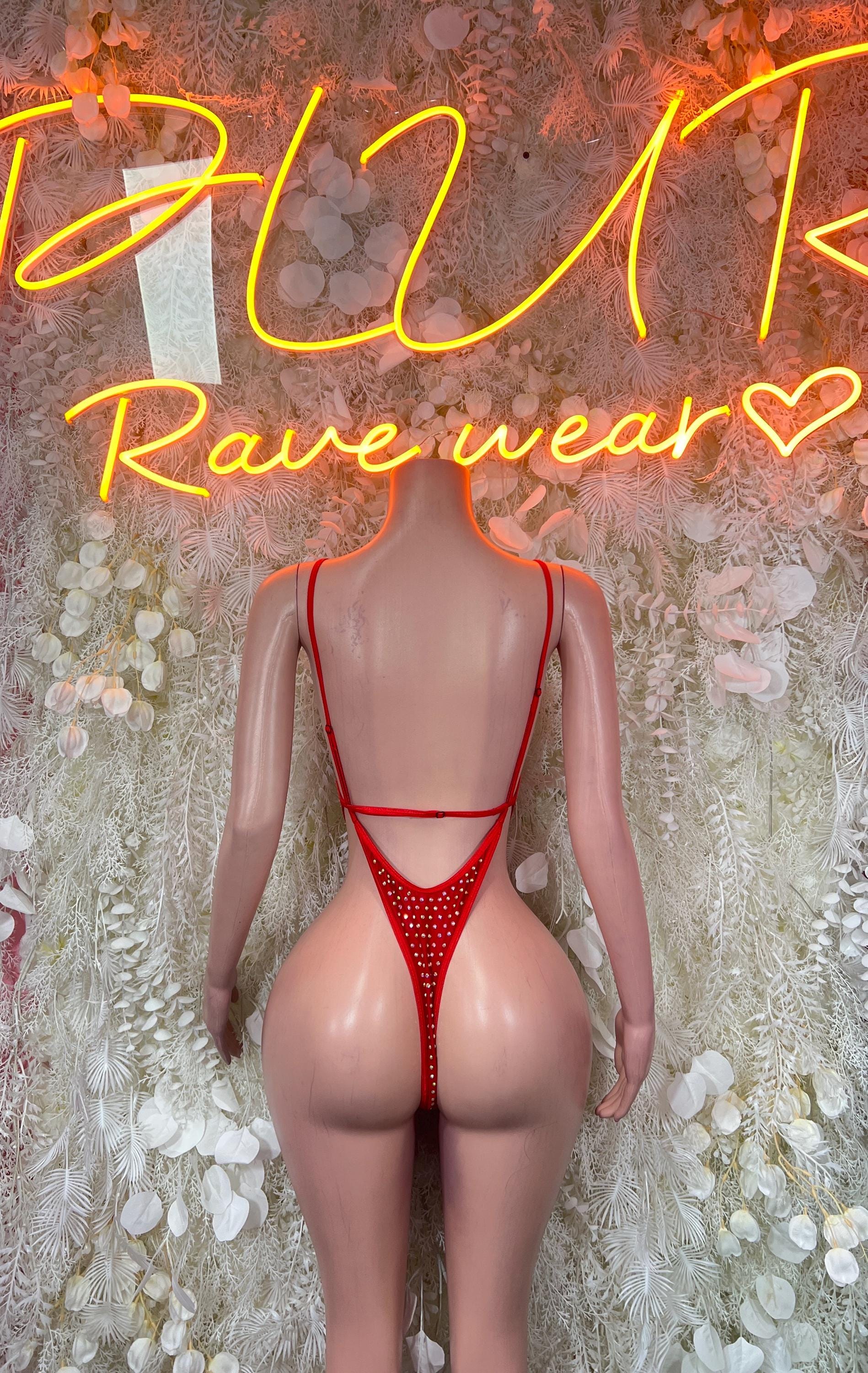 Red rhinestone one-piece bodysuit with crisscross back straps