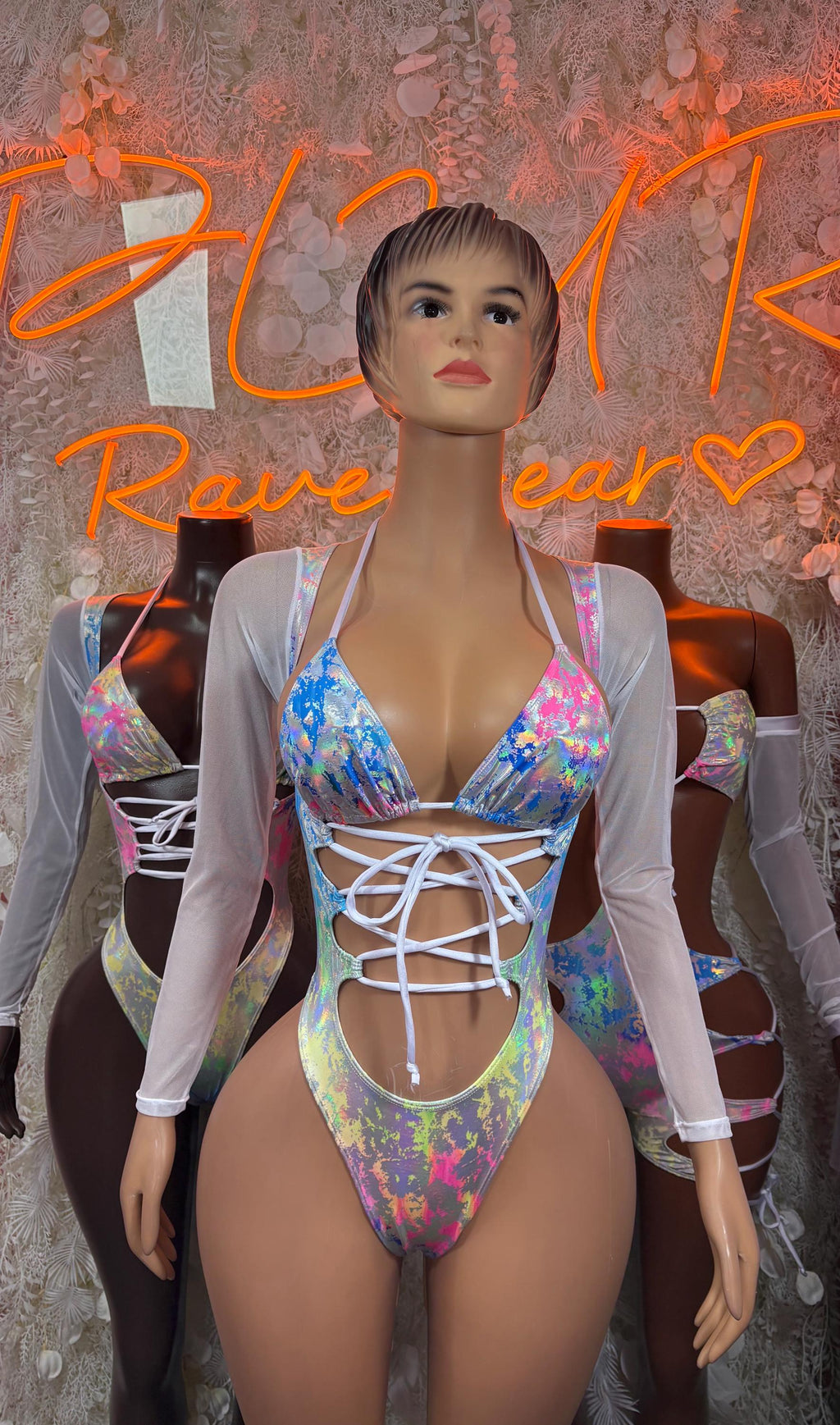 Holographic rainbow metallic dancer bodysuit with V-neck bra top, long sheer sleeves