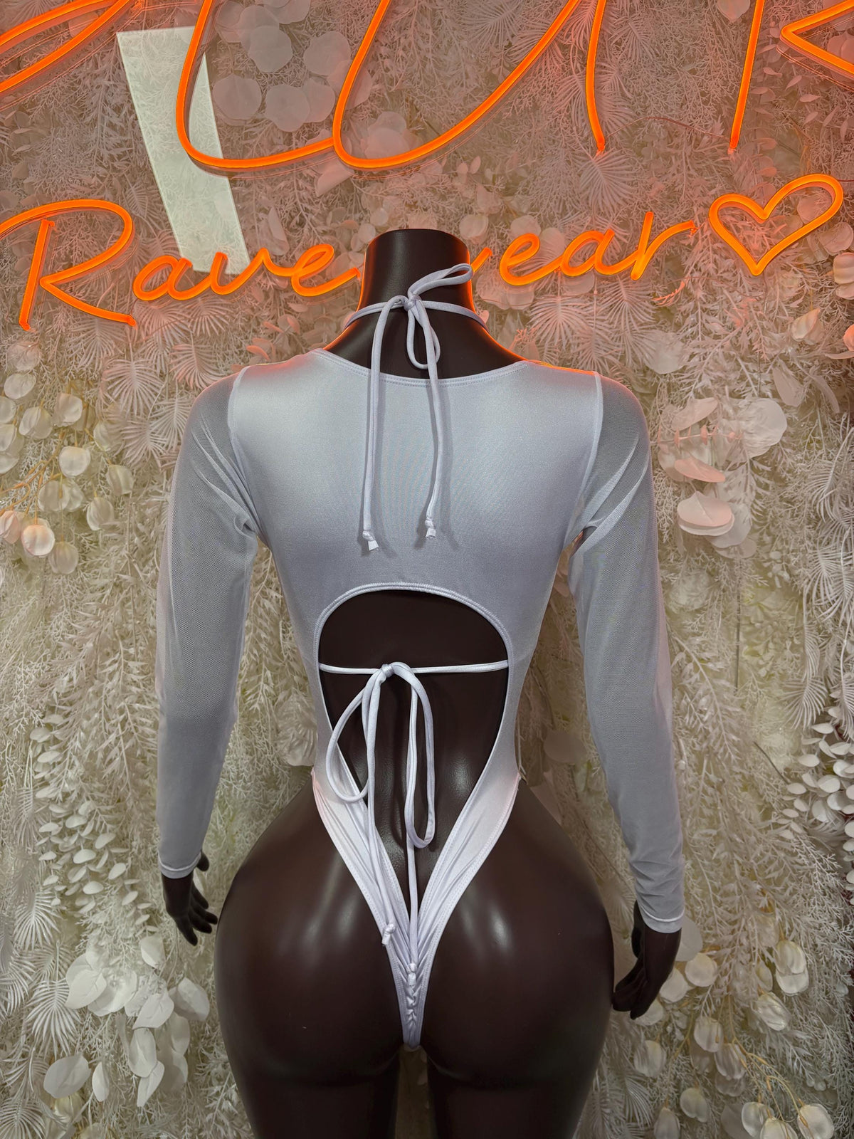 Holographic rainbow metallic dance bodysuit, open-back lace-up with long sleeves
