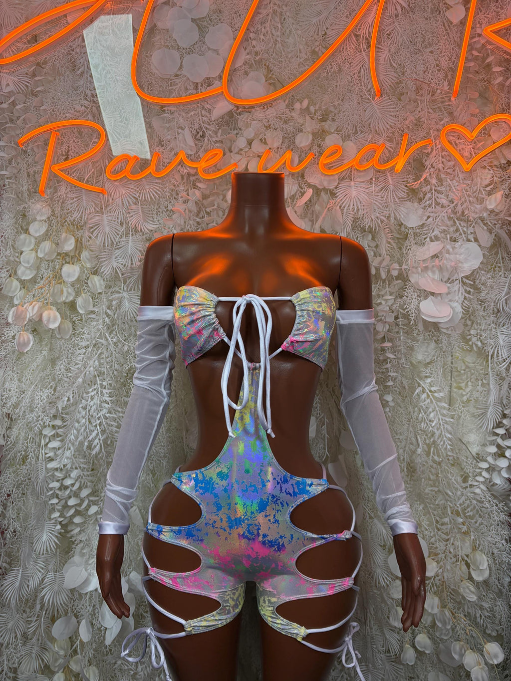 Rainbow hologram dancer bodysuit with crisscross lace front and cutout thigh straps, white sleeves