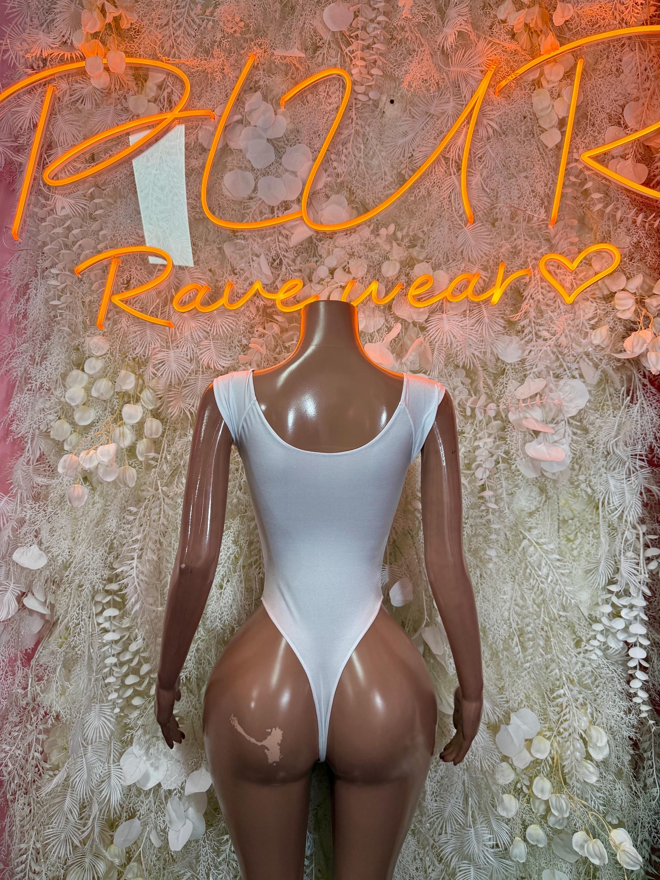 White bodysuit with scoop back and high-leg full coverage