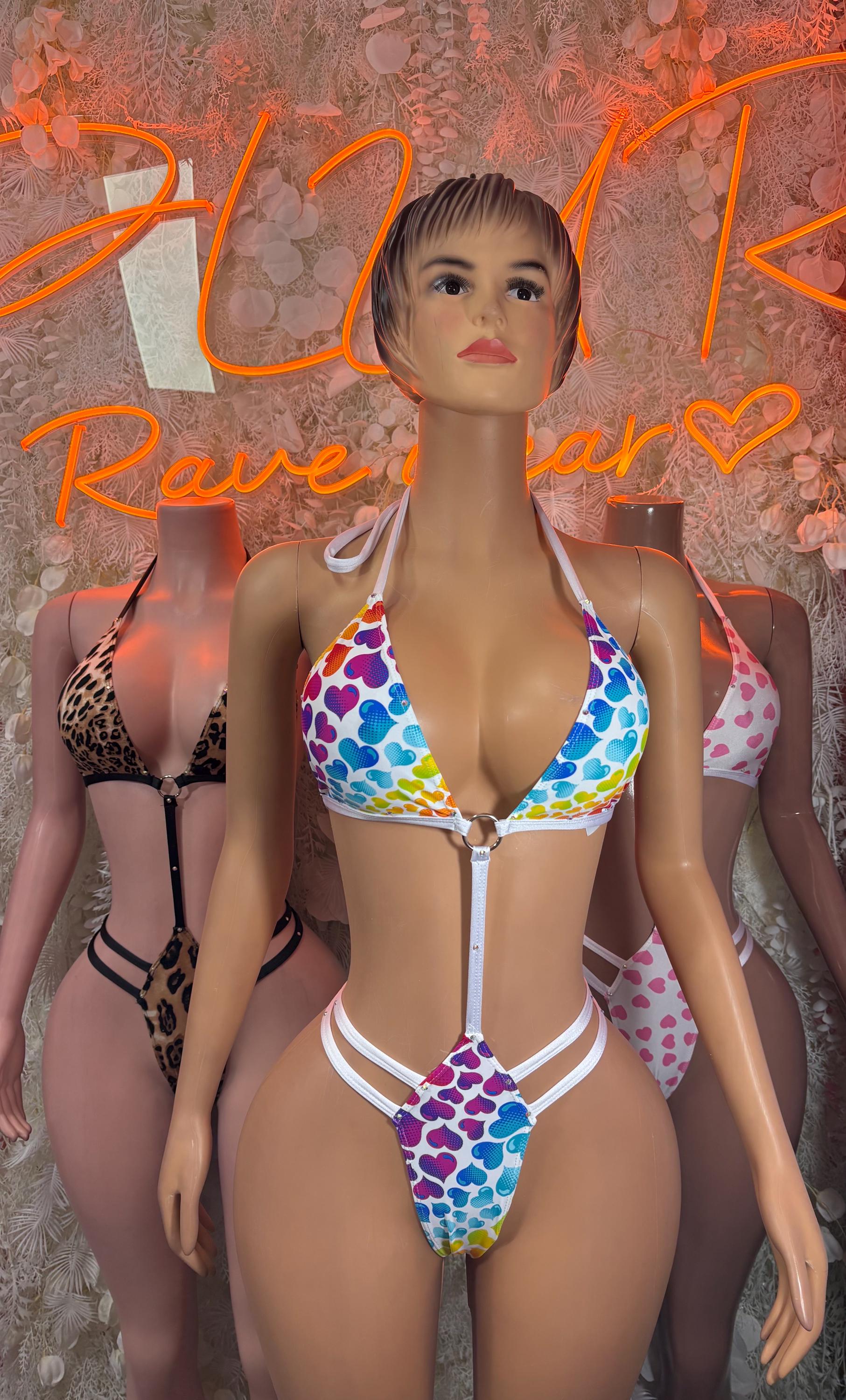 Front view multicolor heart print micro bikini set with halter triangle top and thong bottoms