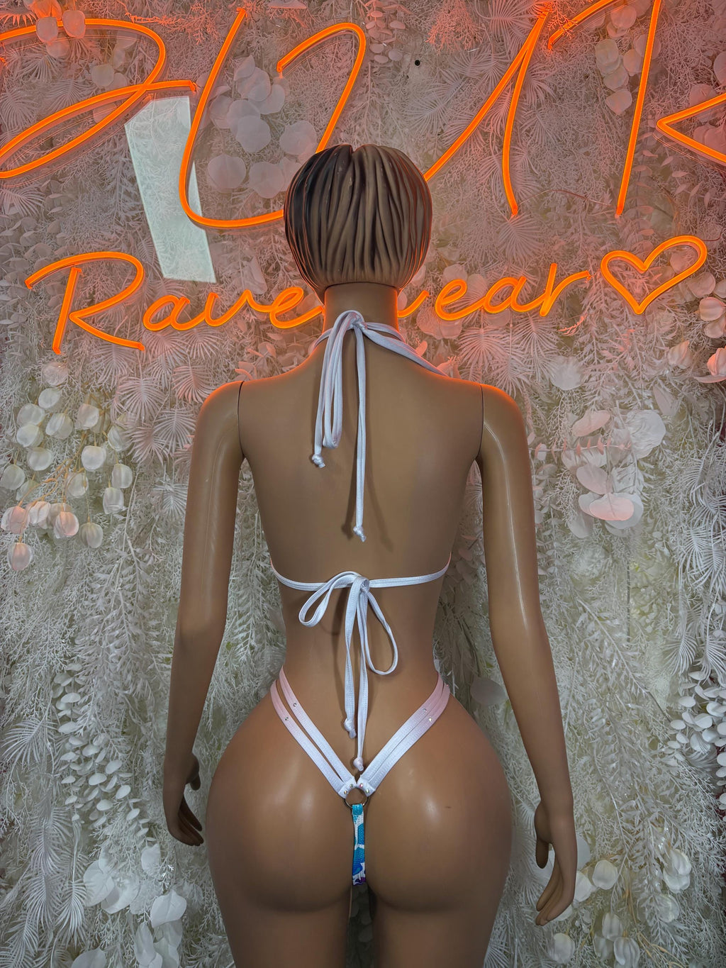 Back view multicolor heart print micro bikini set with tie string back and thong bottoms