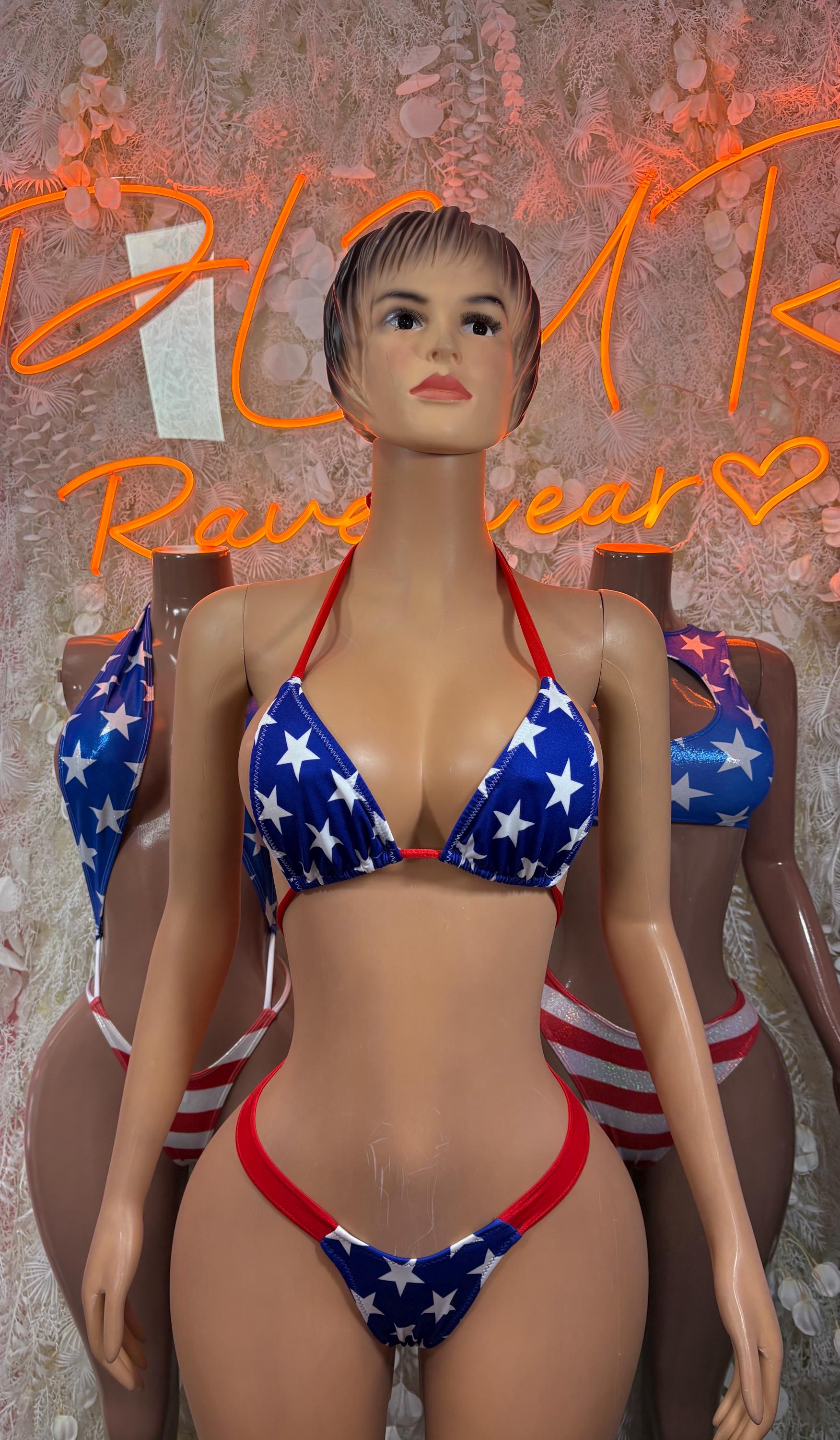 American flag bikini set with star triangle cups and red striped side ties