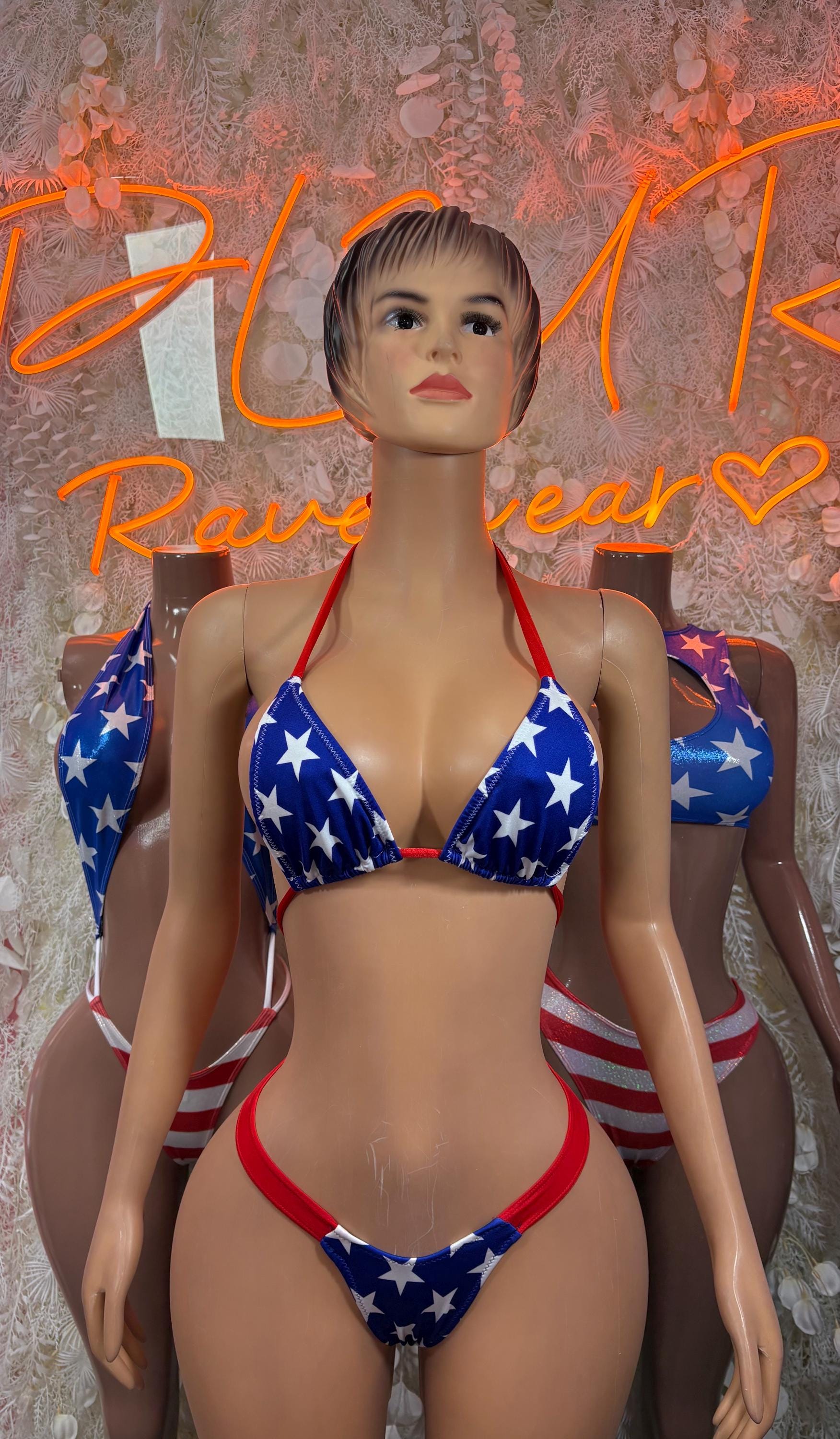 Two-piece bikini with blue star triangle top and red-white striped bikini bottoms, front view