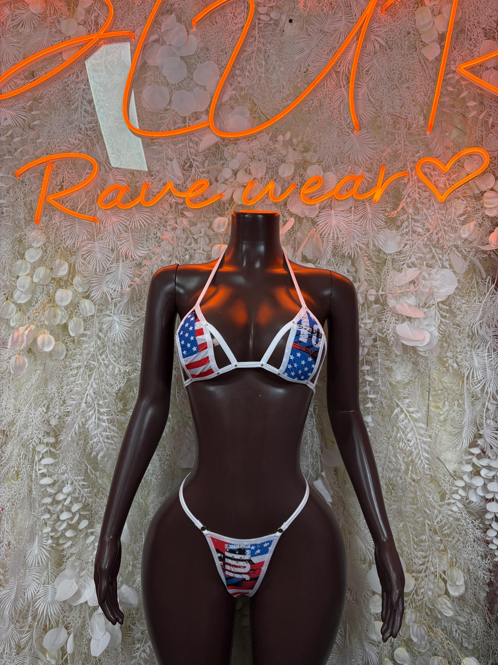 American flag print bikini with white trim, triangle top and matching tie bottoms