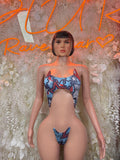 Women’s blue star-pattern swimsuit bodysuit with tie straps at the neckline