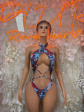 Women's patriotic one-piece swimsuit, halter tie with blue star-print and red accents