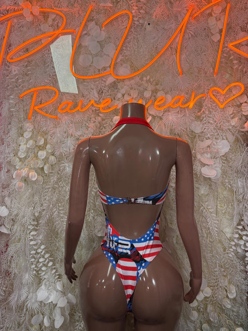 Women’s patriotic one-piece swimsuit, stars-and-stripes back with tie at center