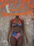 Women’s patriotic one-piece swimsuit with stars-and-stripes print and bow-front bust