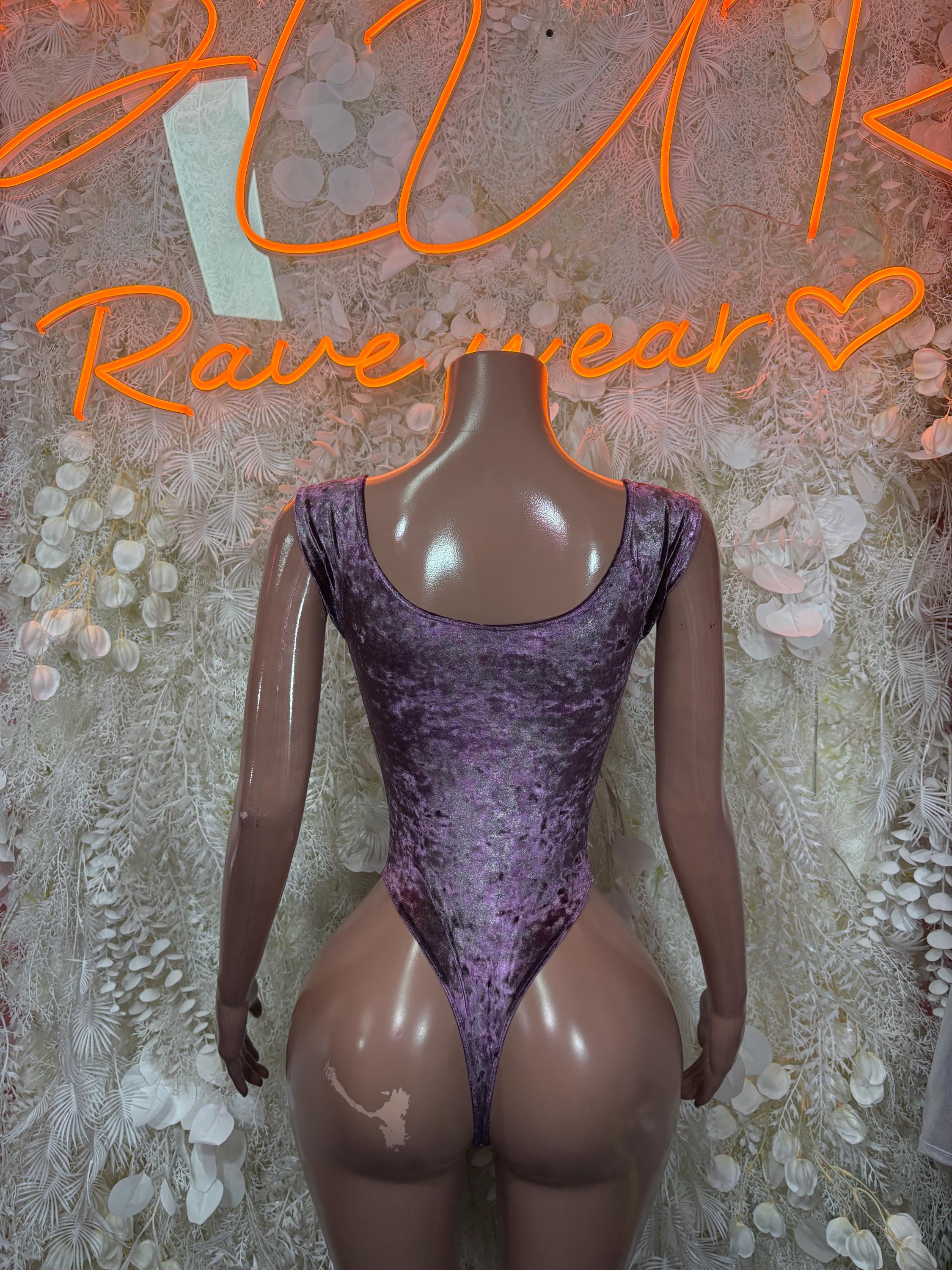 Purple sequin one-piece bodysuit, scoop neckline and open back