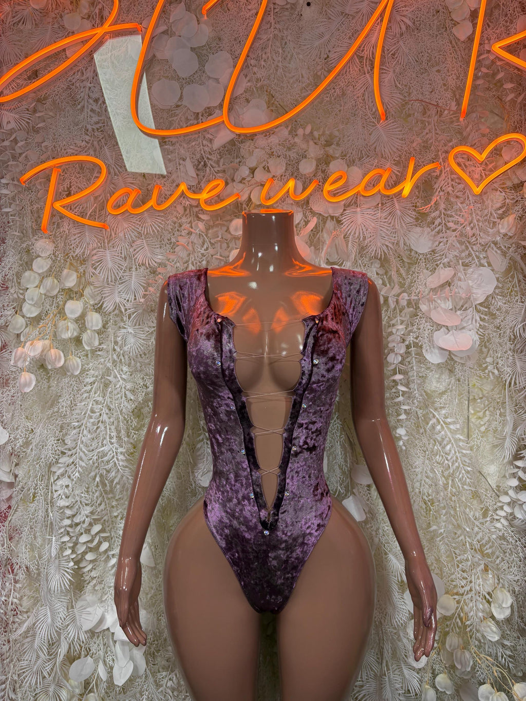 Burgundy-purple sequin sleeveless bodysuit with deep V front