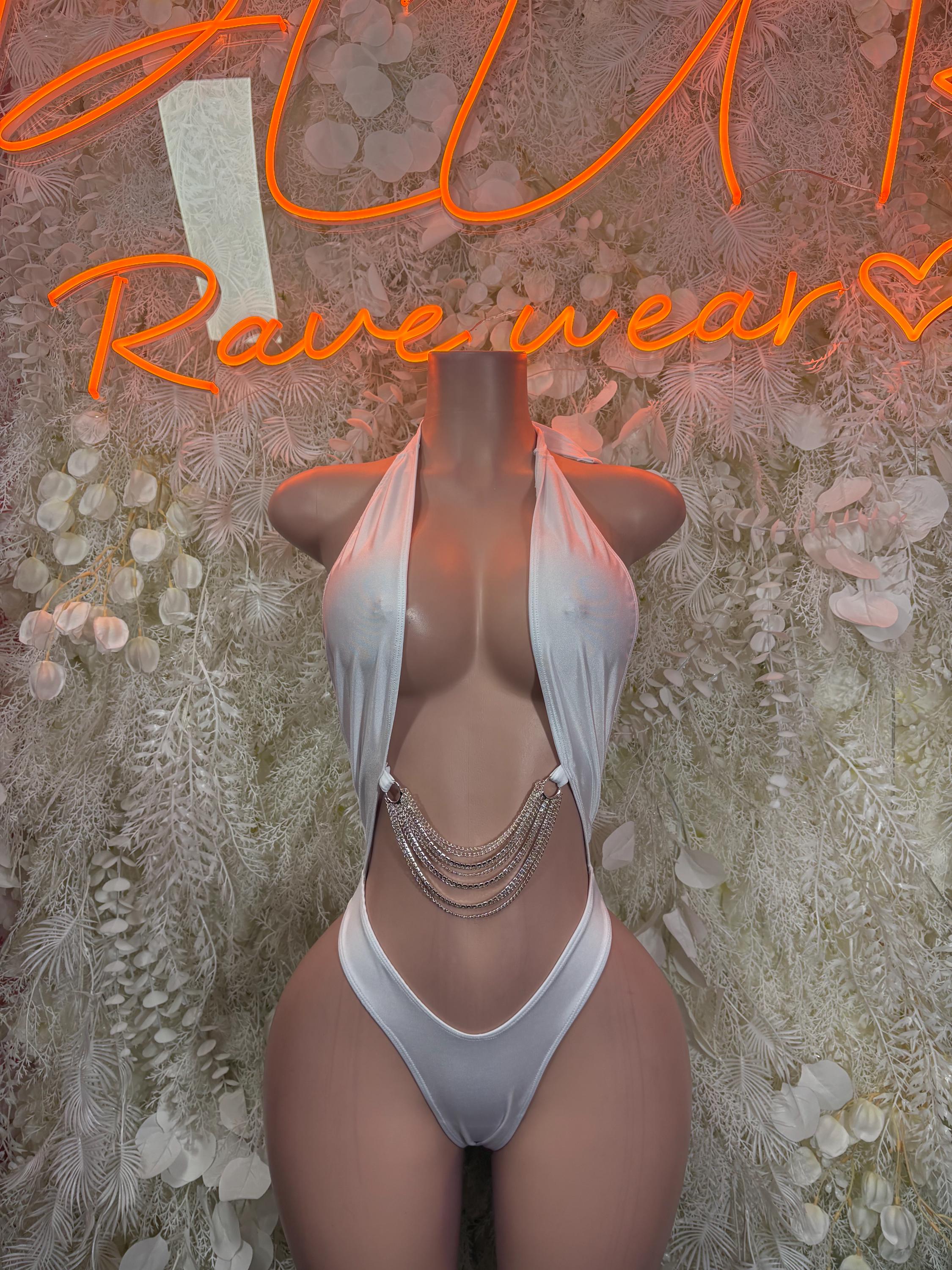 White halter bodysuit with draped neckline and layered chain detail