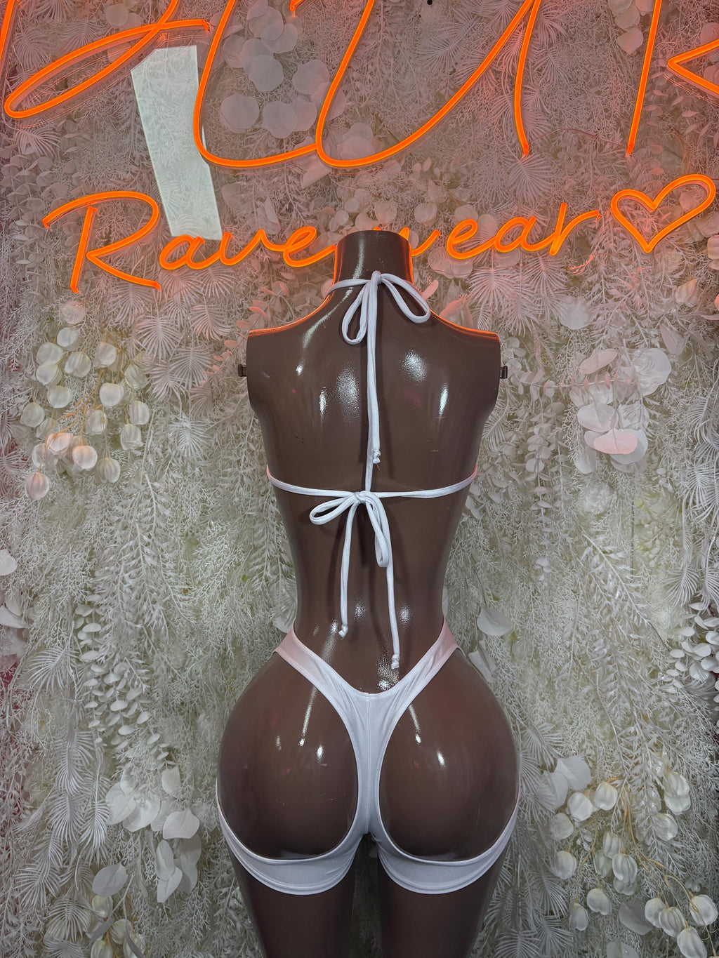 White tie-neck cutout string bodysuit with thong bottom