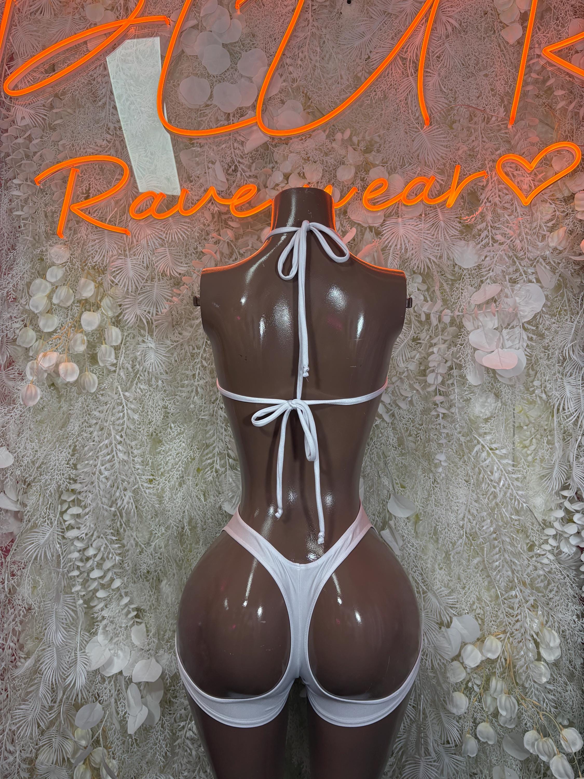 White tie-neck cutout string bodysuit with thong bottom
