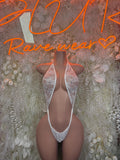White lace festival bodysuit with deep V-front and scalloped trim