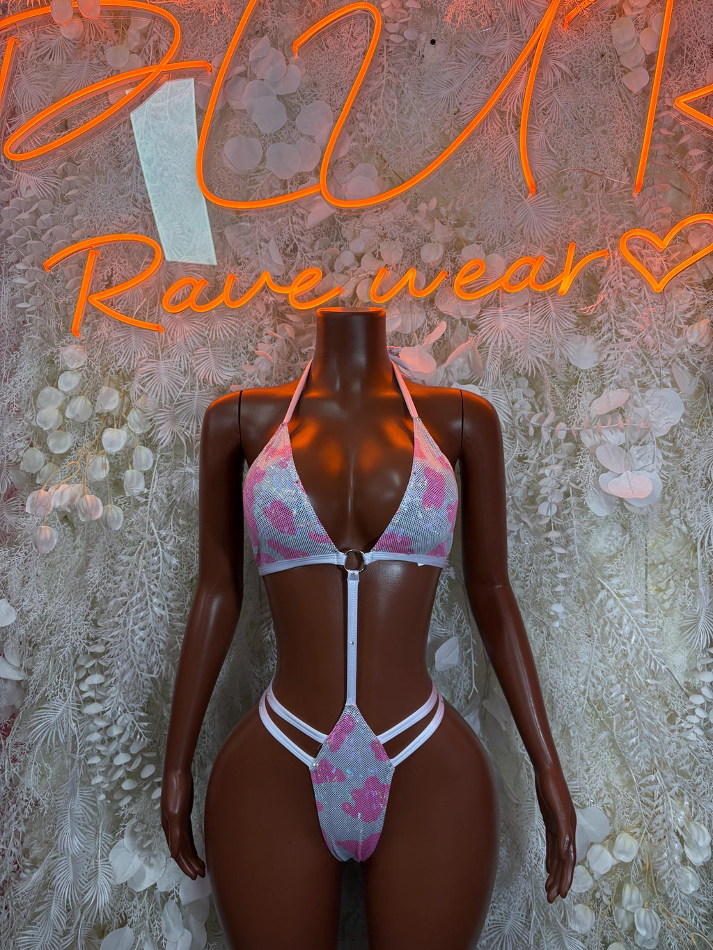 Pink heart and leopard print bikini set with triangle bra and matching thong bottoms
