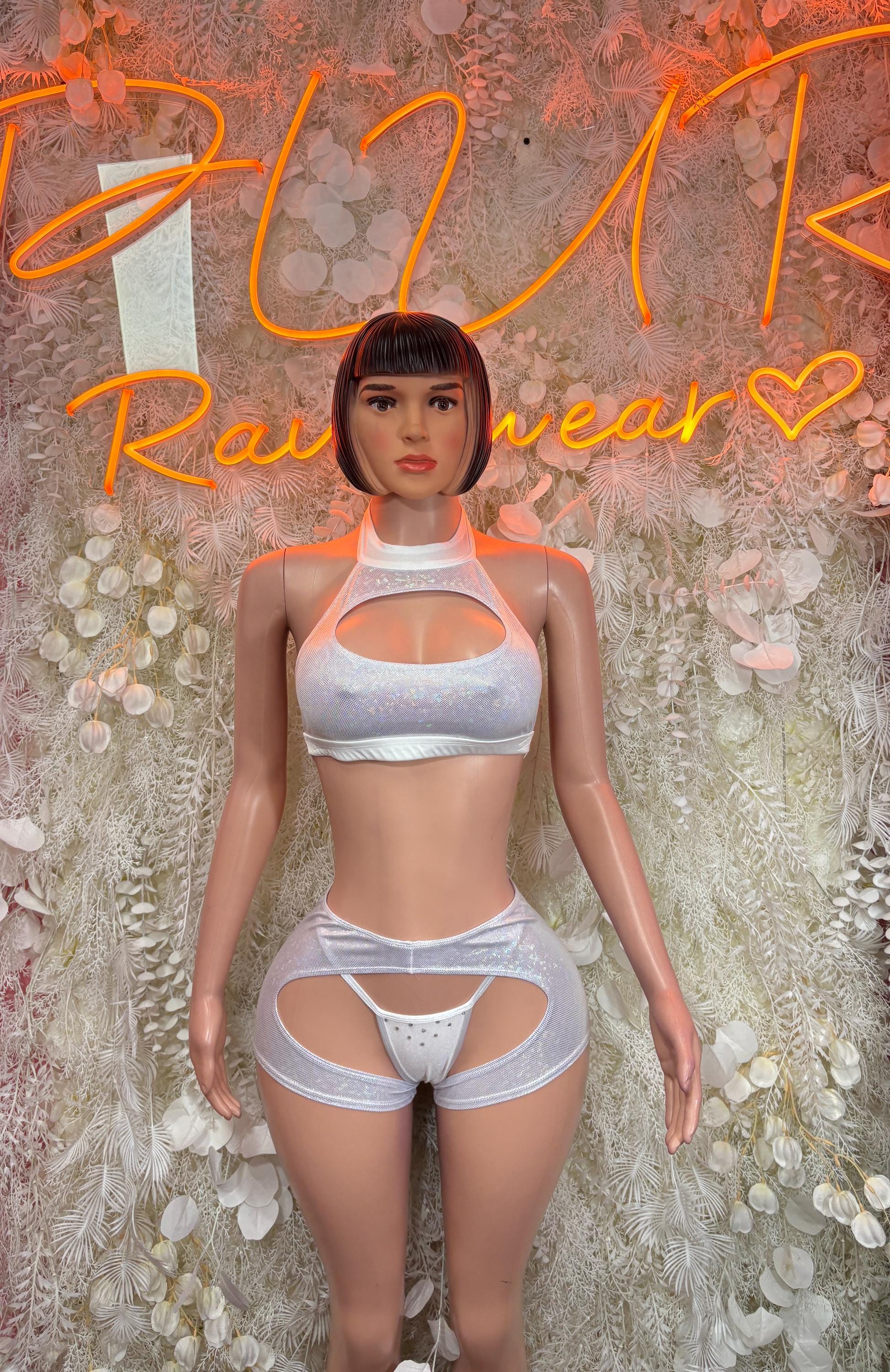 White metallic three-piece bikini set with halter bra and high-waist bottoms