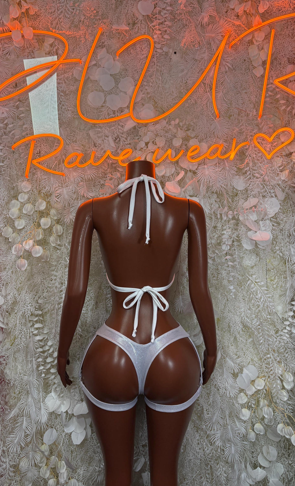 Metallic silver back-tie halter bikini set with high-rise bottoms and slim straps