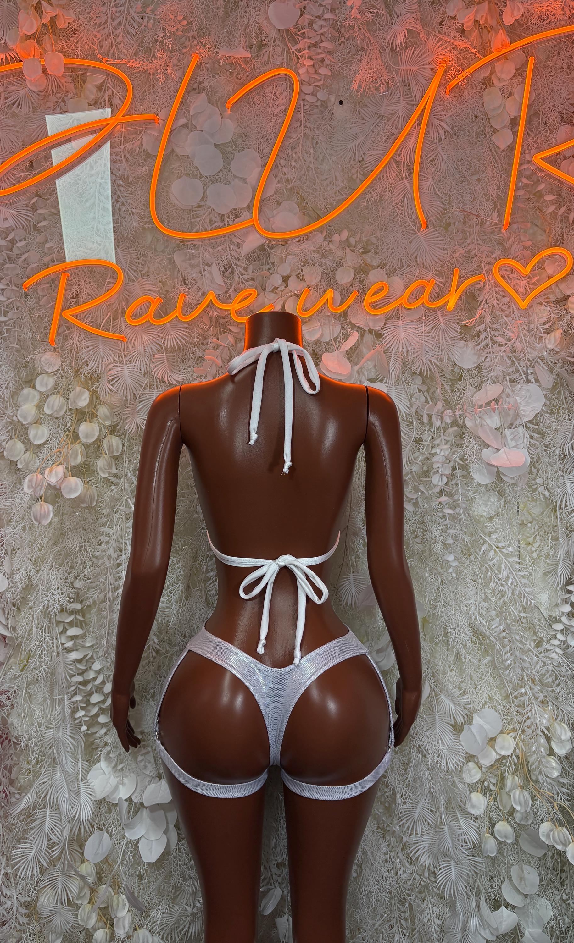 Metallic silver back-tie halter bikini set with high-rise bottoms and slim straps