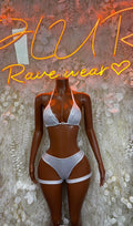 Metallic silver halter bikini set with triangle top and high-rise bottoms, tie details