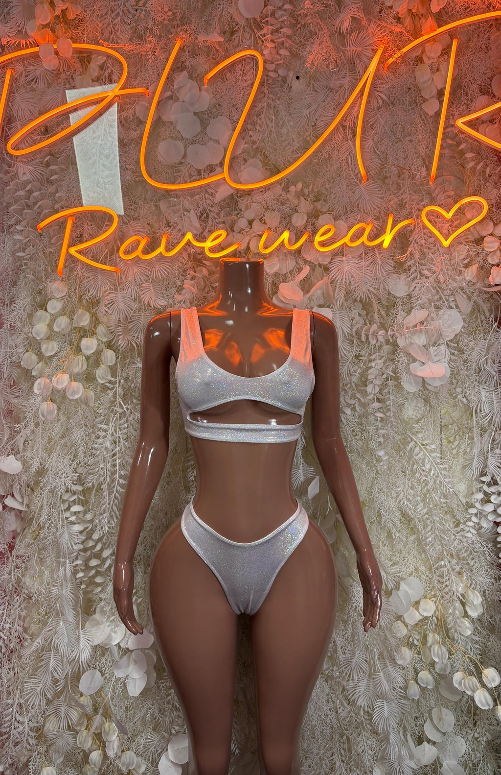 Ravewear White Metallic Two Piece Bikini Set Dancewear Rave Wear Festival Outfit Bottlegirl Bartenders