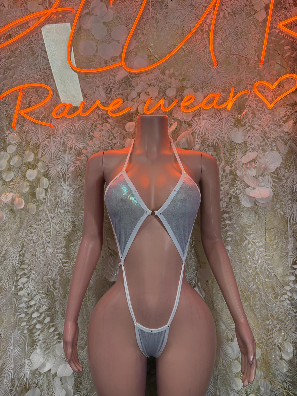 Slingshot Bikini Ravewear White Metallic Two Piece Set Dancewear Rave Wear Festival Outfit Bottlegirl Bartenders
