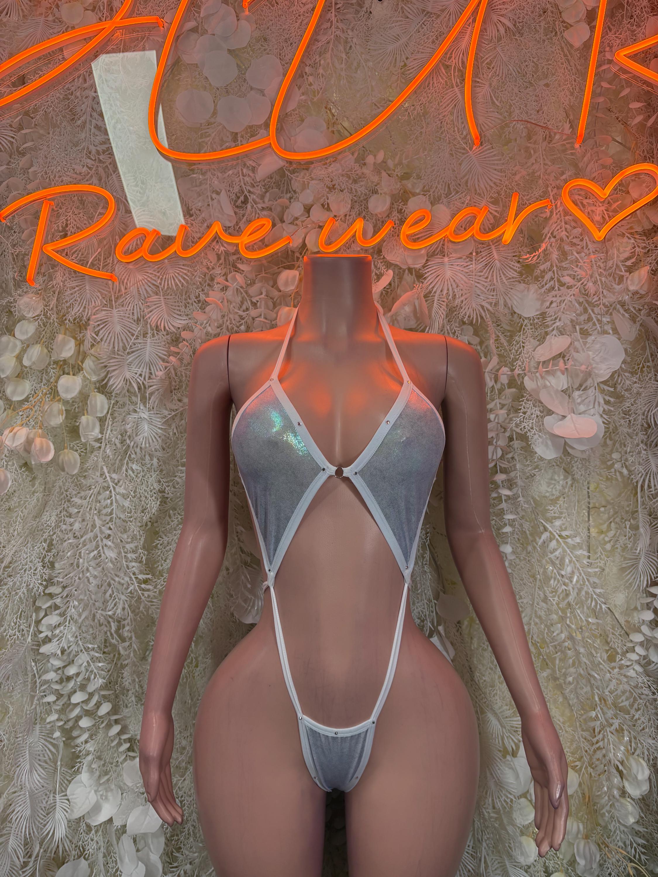 Slingshot Bikini Ravewear White Metallic Two Piece Set Dancewear Rave Wear Festival Outfit Bottlegirl Bartenders