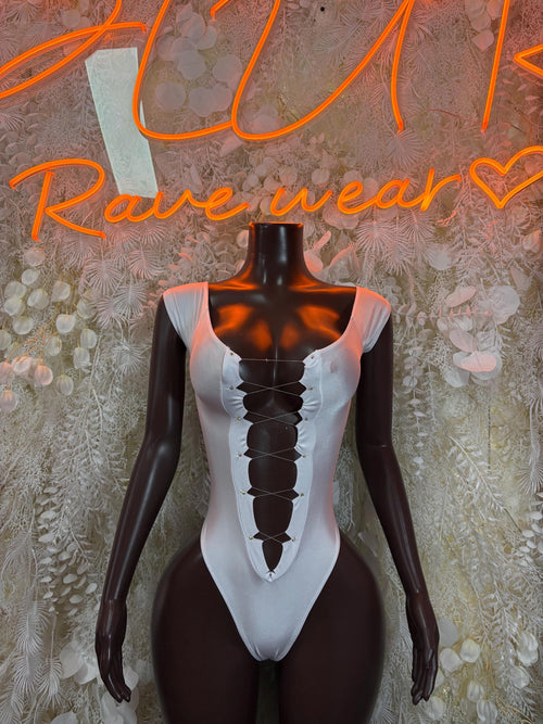 White metallic bodysuit one-piece with corset-style front lace-up and deep neckline