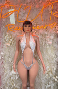 Metallic slingshot bikini set with halter top and silver crystal-like straps, front view