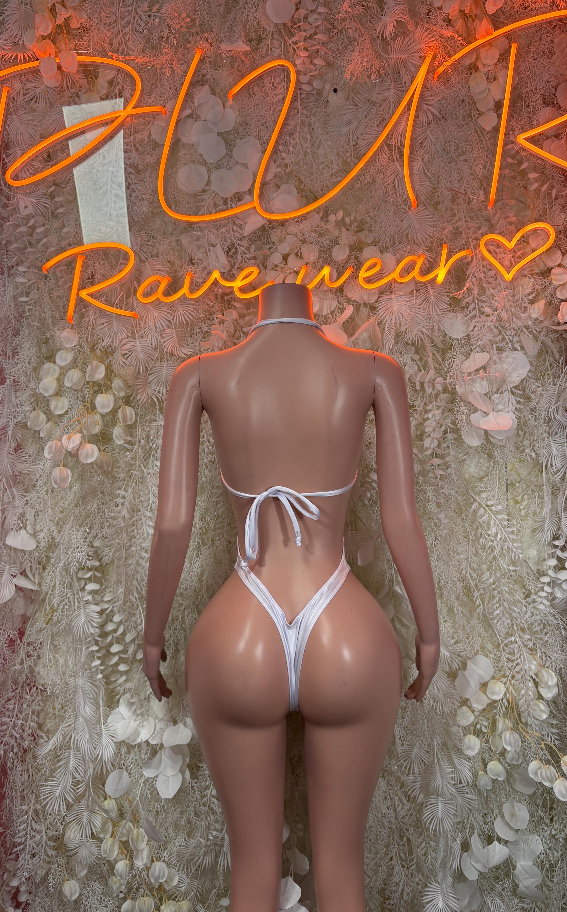 White one-piece dance bodysuit, open back with lace-up tie straps