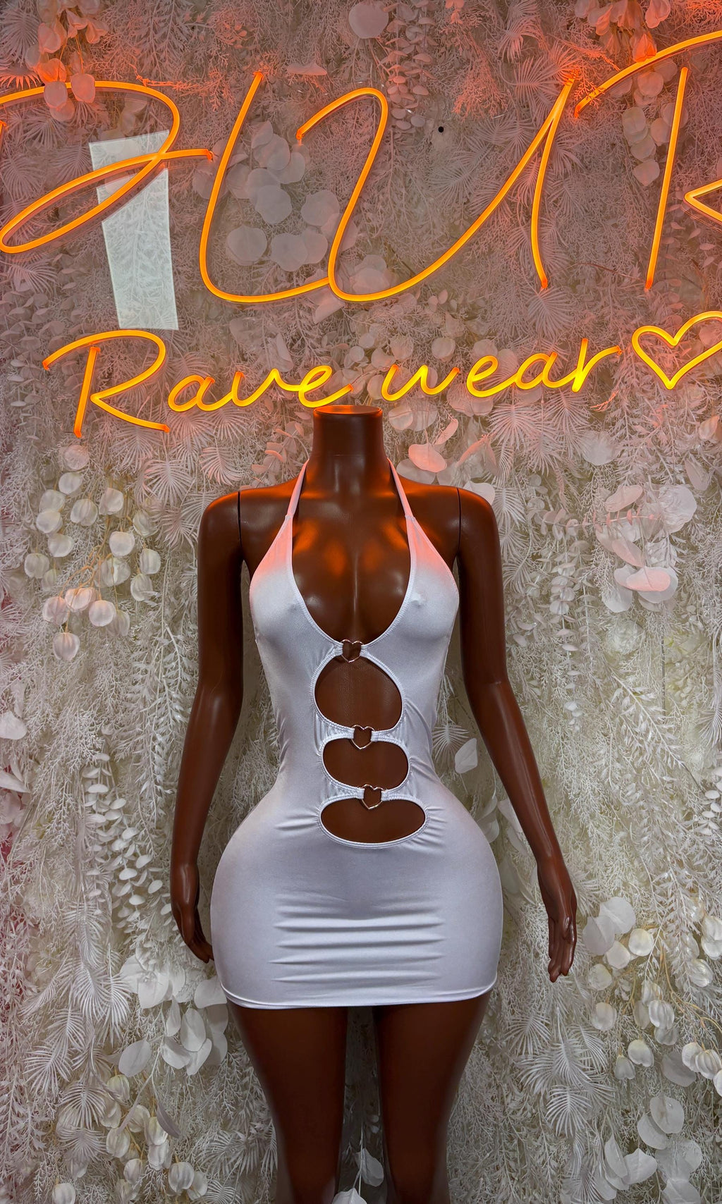 White festival one-piece dress with circular front cutouts