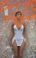 White ruched V-neck one-piece dance bodysuit with scalloped trim
