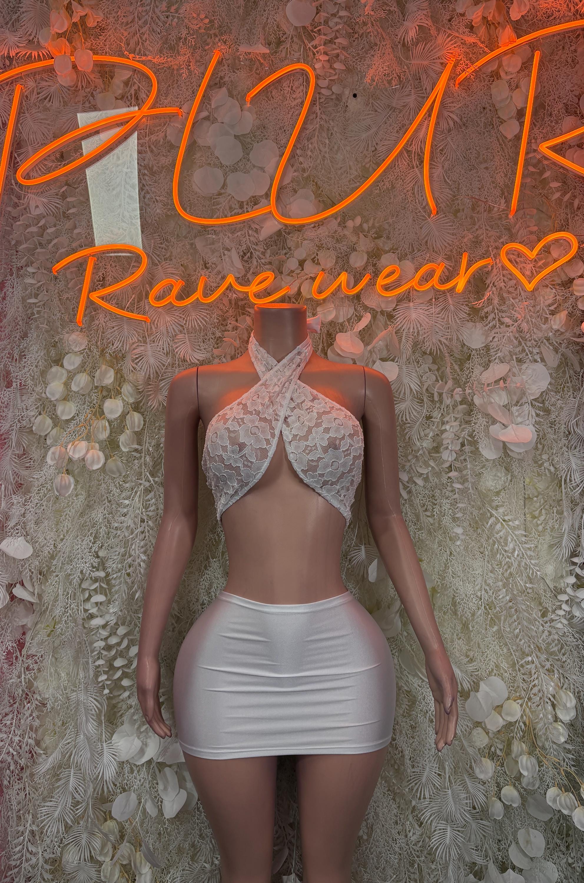White lace halter mini dress with ruched skirt and backless tie detail