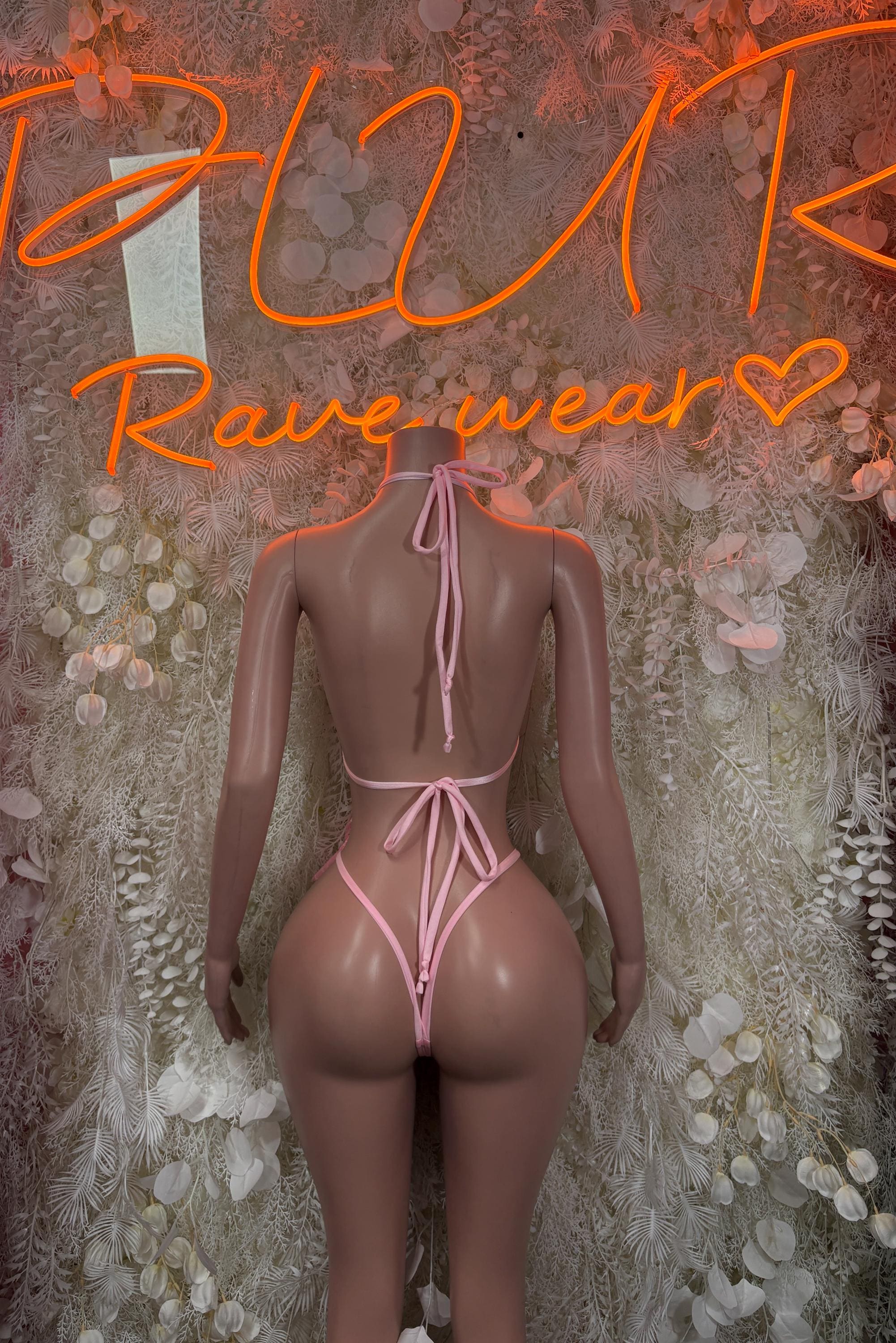 Pink lace ruffle bikini: back view with tie-string closure