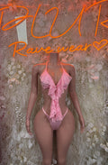 Pink lace ruffle bikini: triangle top and high-leg bottoms