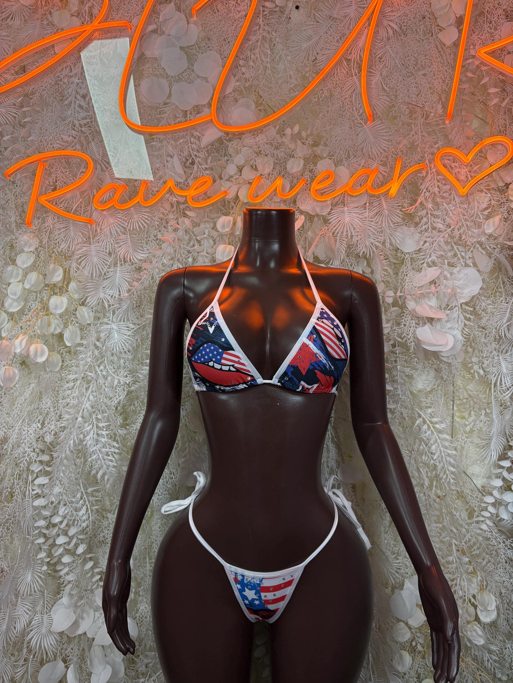 American flag star-and-stripe bikini, triangle top and matching bikini bottoms