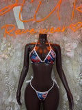 American flag star-and-stripe bikini, triangle top and matching bikini bottoms